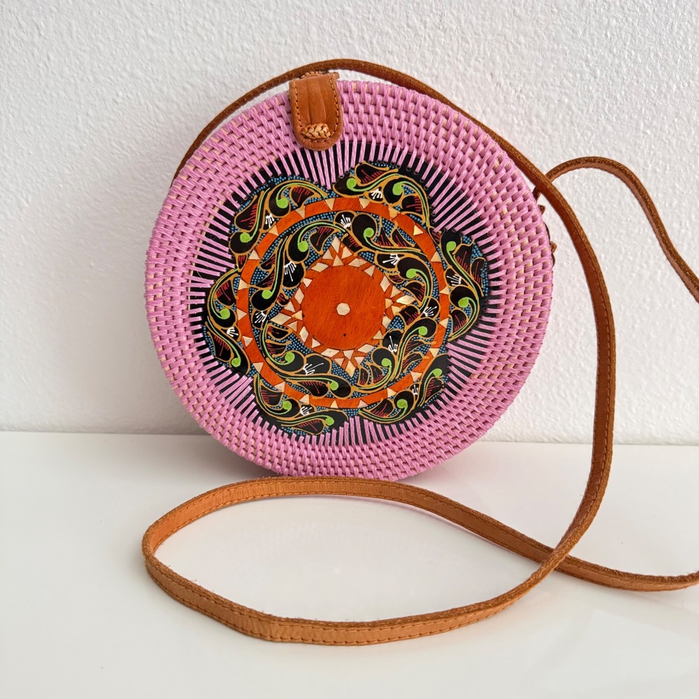 Handmade Pink Round Rattan Crossbody Bag Hand Painted Mandala Boho Straw Purse
